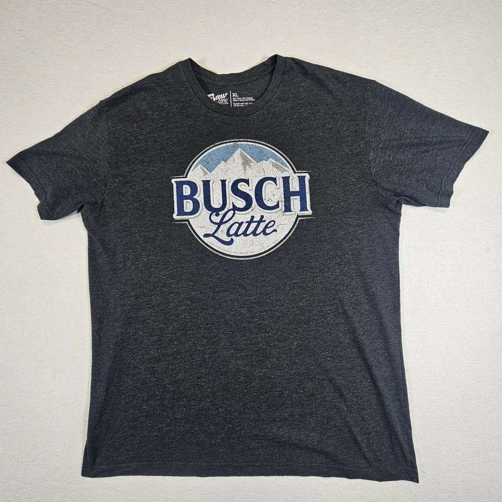 Brew City Busch Latte Graphic T-Shirt Mens XL Charcoal Grey Beer Logo Tee
